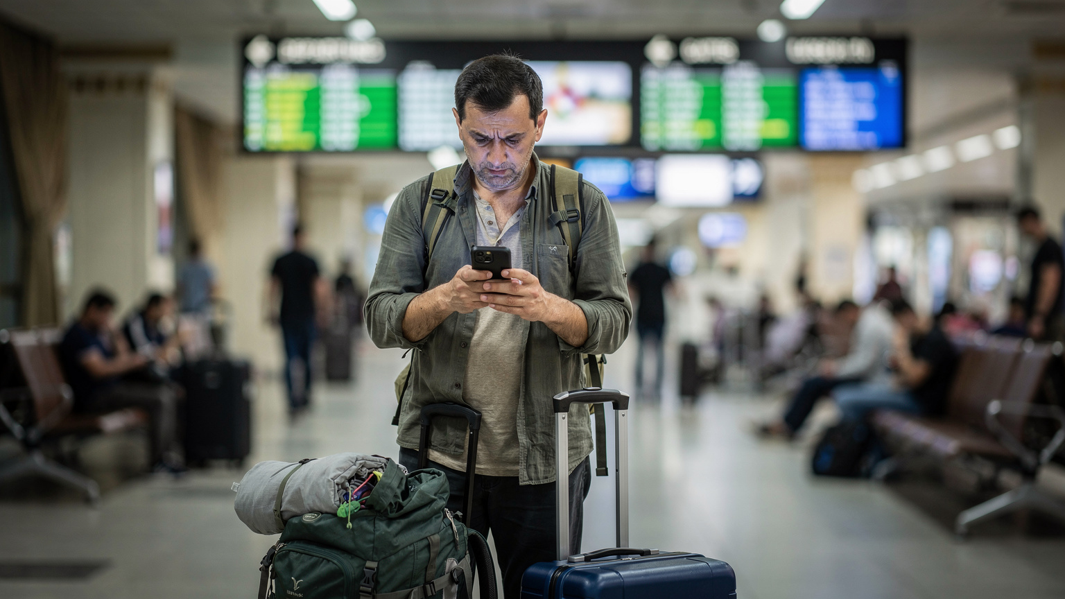 Un viajero estresado mira su teléfono con frustración en un aeropuerto bullicioso de Taskent, Uzbekistán, con sus maletas a sus pies y una expresión de preocupación.