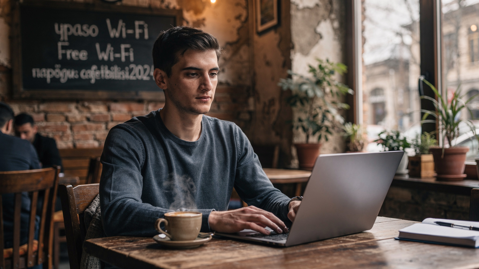 Un hombre joven trabaja concentrado en su laptop en un café de Tiflis, Georgia, con una señal de Wi-Fi claramente visible en una pizarra al fondo y una taza de café humeante.