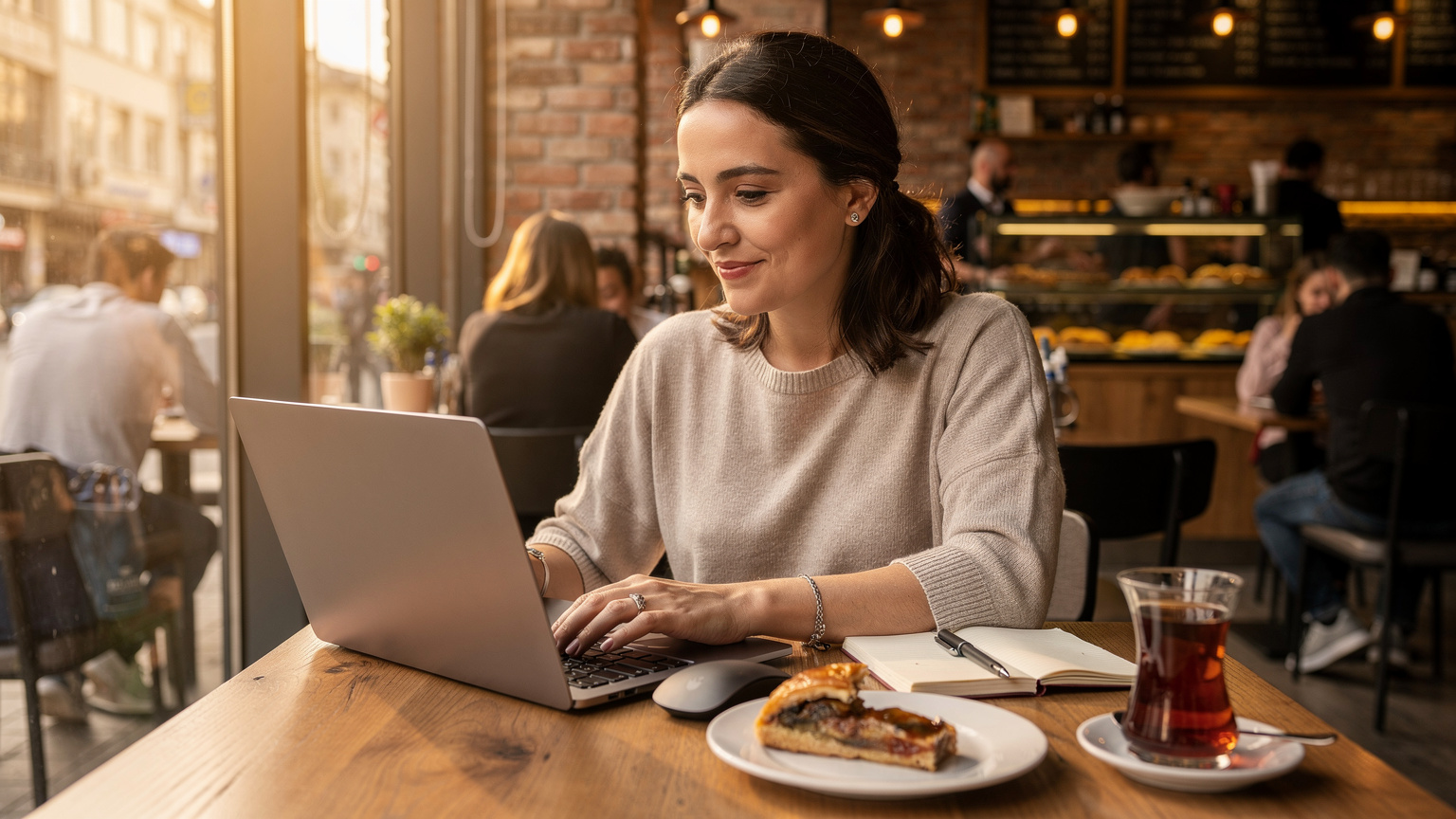 Una mujer trabaja en su laptop en un concurrido café de Estambul, con una taza de té turco y un baklava en la mesa, reflejando un ambiente de nómada digital.