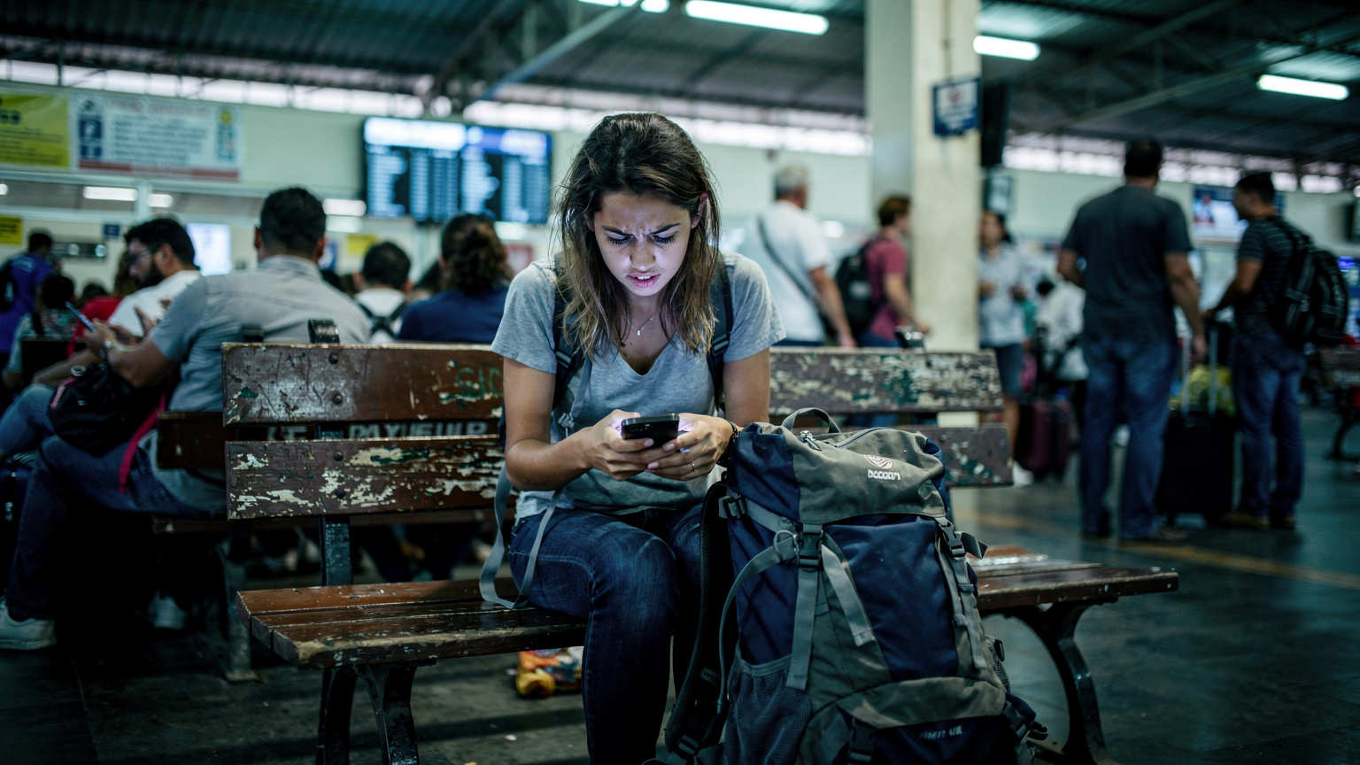 Uma mulher com um semblante frustrado, olhando para a tela do seu smartphone sem sinal, enquanto está sentada em um banco de um terminal de ônibus lotado em uma cidade da América do Sul, com sacolas e outros passageiros ao redor. A iluminação é artificial e um pouco fria.