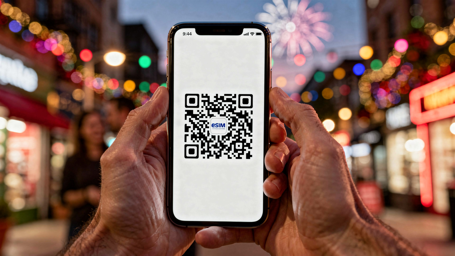 Mãos de uma pessoa segurando um smartphone, mostrando um código QR de ativação de eSIM em uma tela, com o fundo desfocado de uma paisagem urbana vibrante e festiva de Ano Novo, com luzes e decorações. A luz é suave e colorida, como a de um entardecer.