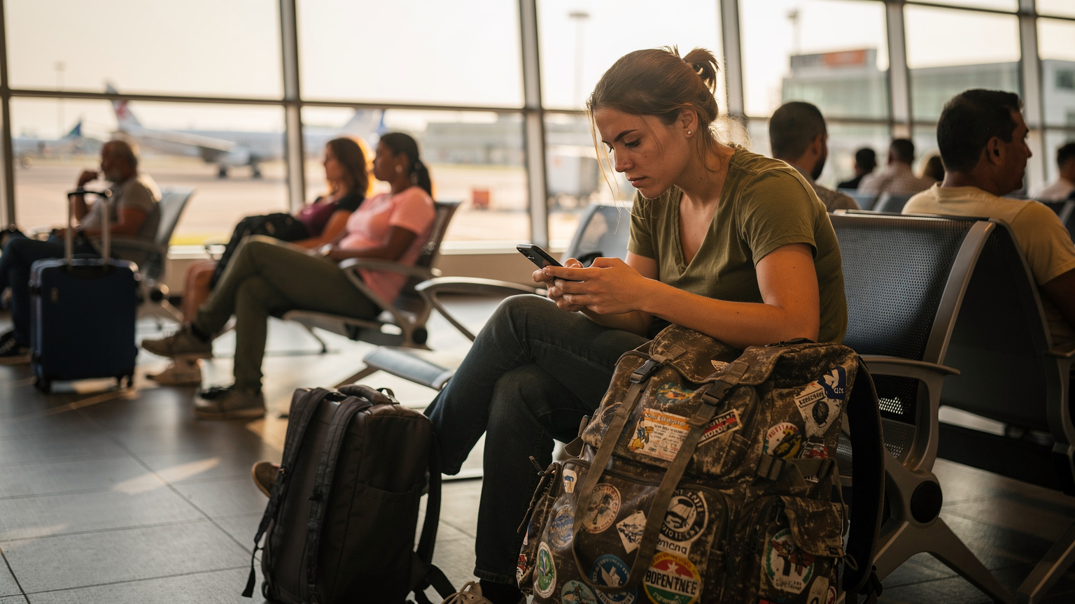 Uma mulher com um smartphone na mão, comparando preços de planos de dados enquanto espera na fila de embarque de um aeroporto movimentado na América do Sul, com malas e outros viajantes ao redor. A luz é de fim de tarde, quente e suave.