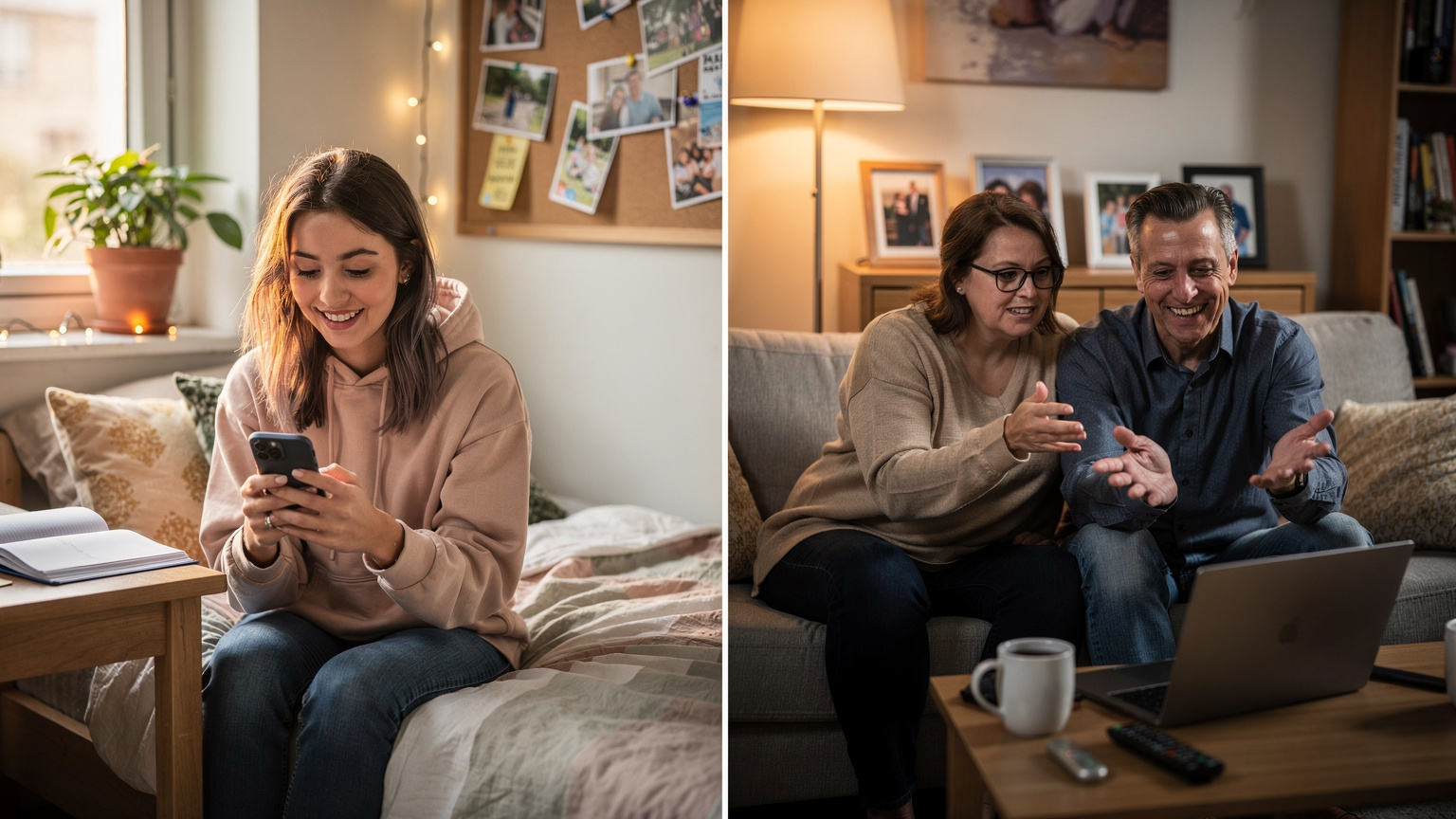 A split-screen view showing a student in a cozy university dorm room video calling their parents who are at home, emphasizing the importance of staying connected.