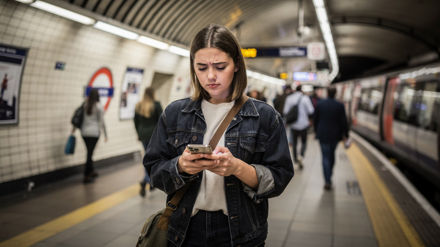 A student looking concerned at her phone screen in a bustling London Underground station, surrounded by other commuters, suggesting a connectivity problem or navigation challenge.