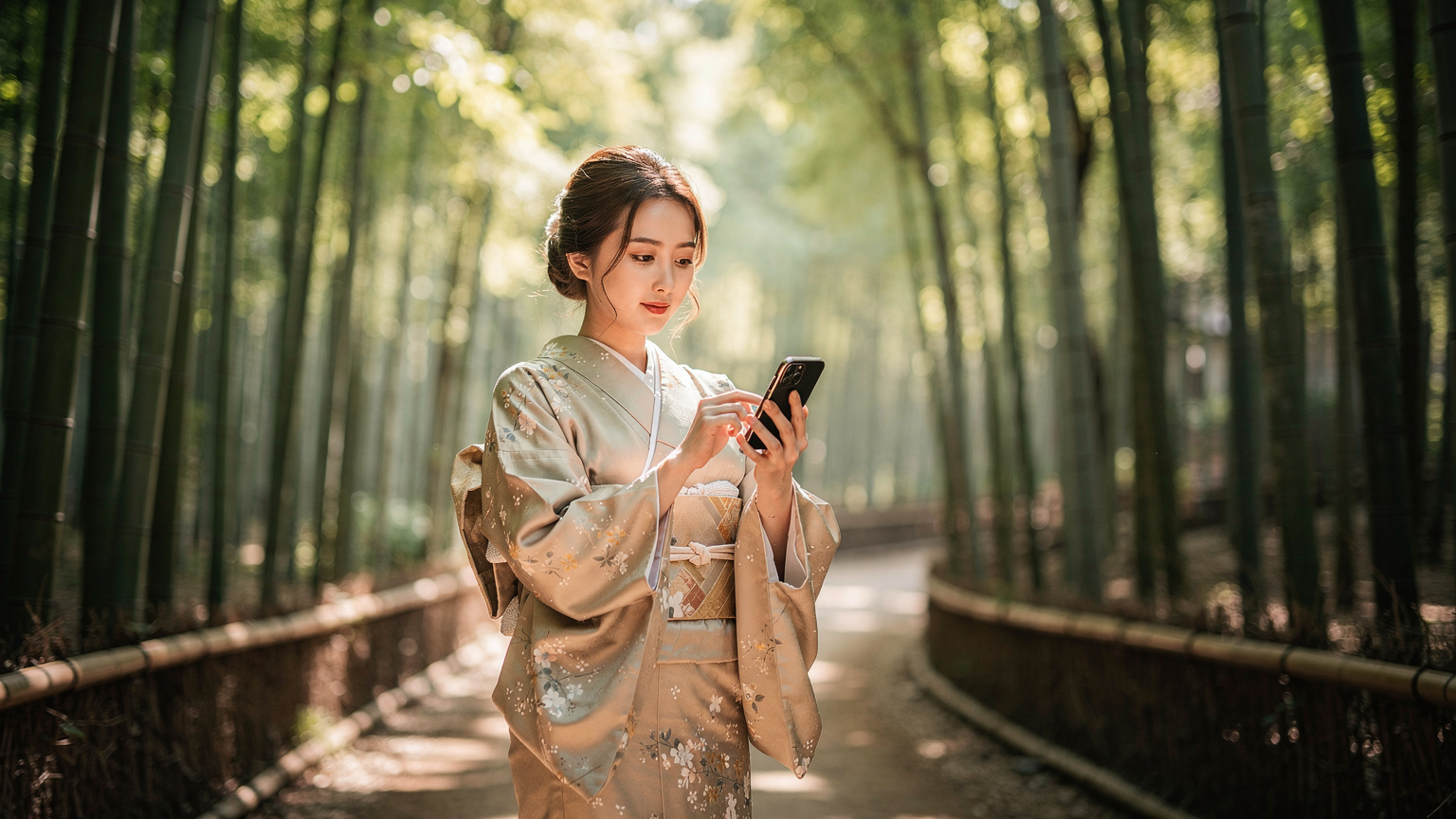 一名身穿和服的年輕女子,在京都嵐山的竹林小徑中,手持手機輕觸屏幕,背景是翠綠的竹林和陽光。