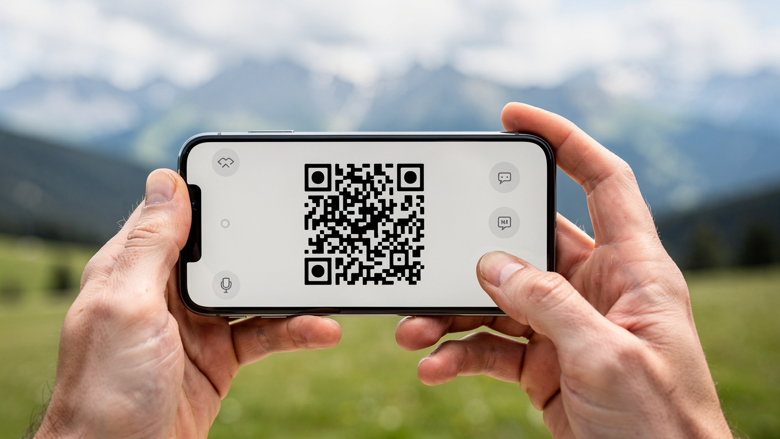Nærbilde av en reisendes hender som holder en smarttelefon og installerer en eSIM ved å skanne en QR-kode, med et uklart bakteppe av et alpelandskap.