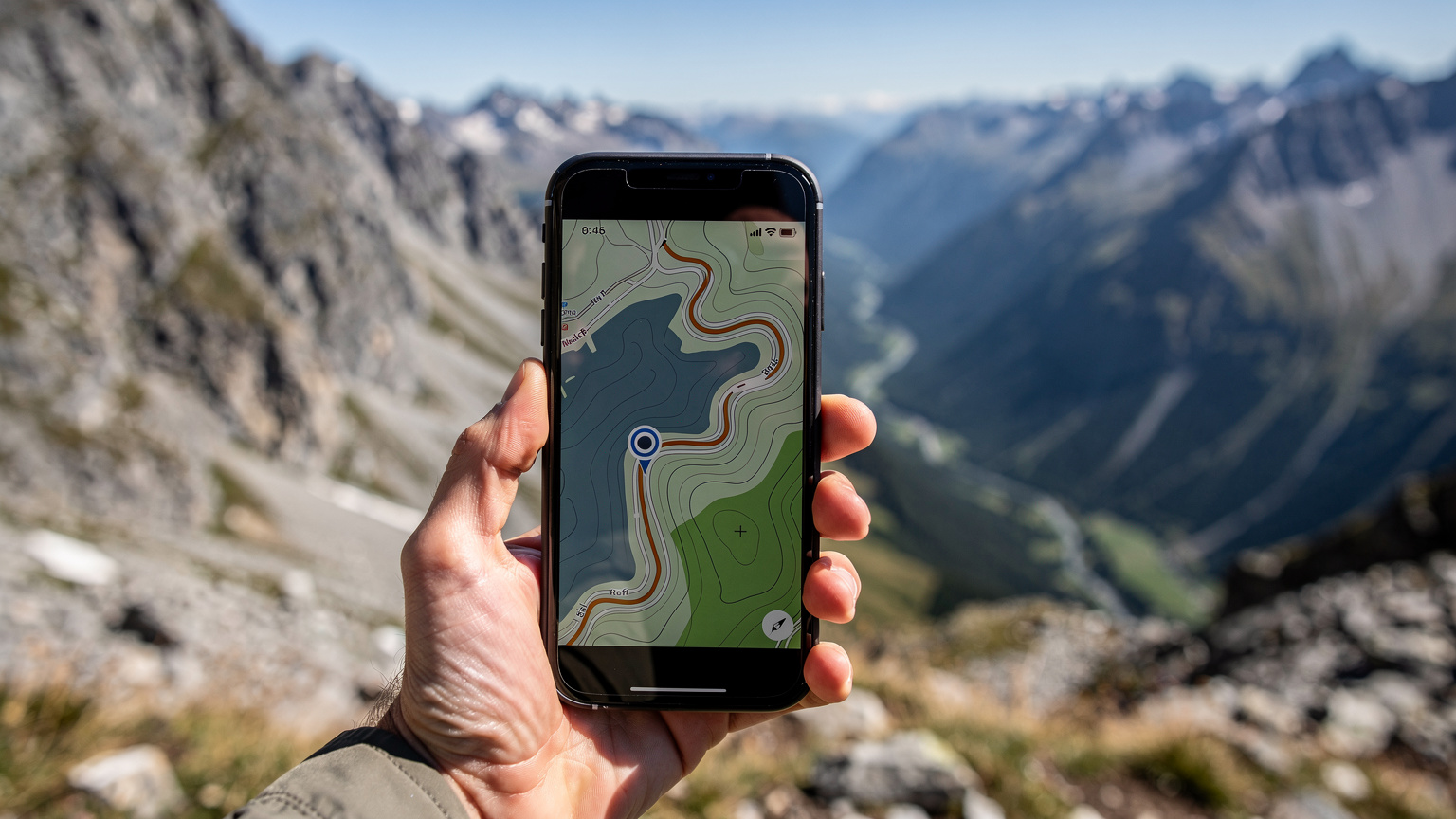 Et nærbilde av en fjellturists hånd som holder en telefon med en populær navigasjonsapp for turstier vist på skjermen, med fjell i bakgrunnen.