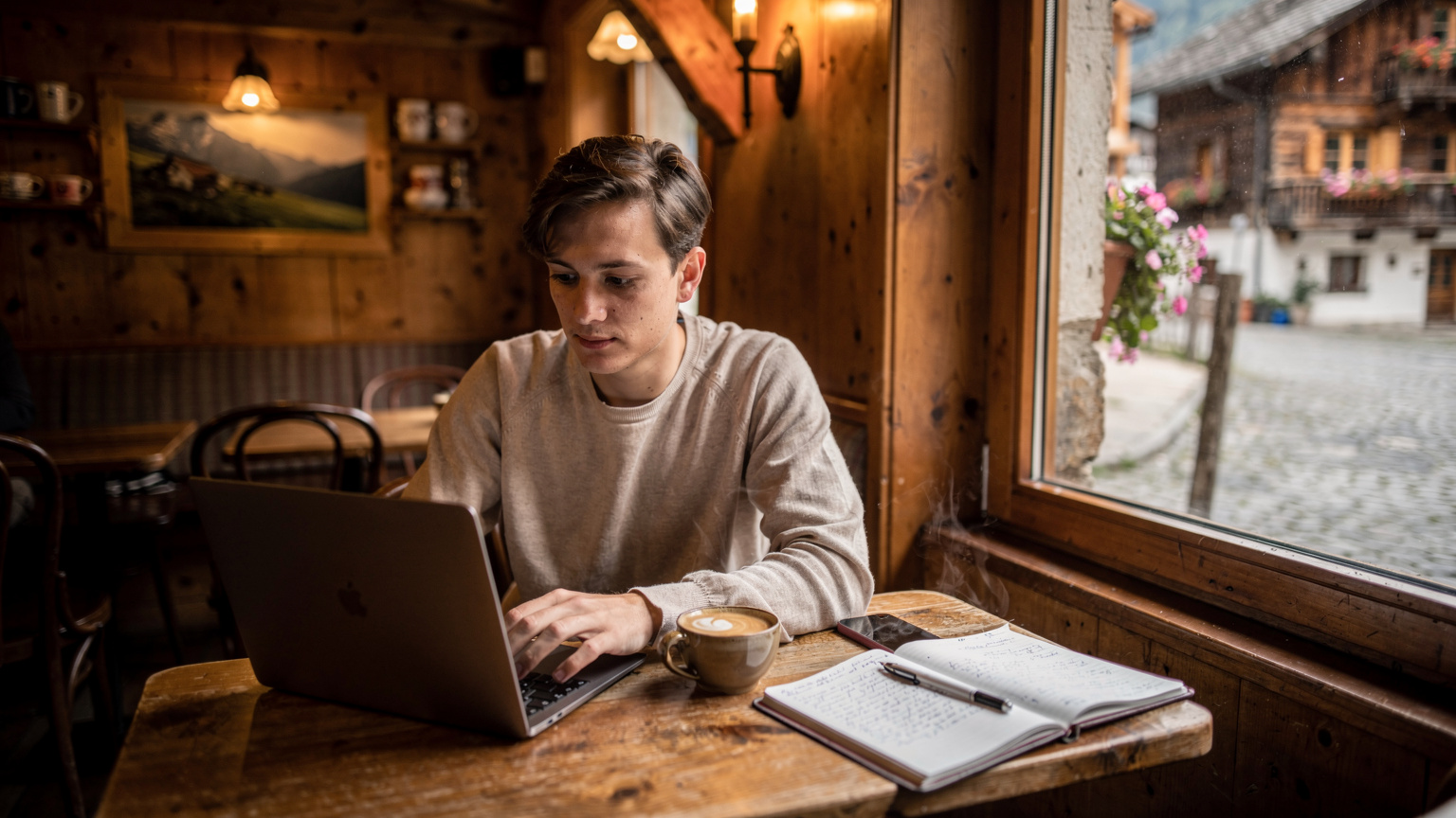 En digital nomade jobber fra en bærbar datamaskin på en liten, koselig kafé i en alpelandsby, med en kaffekopp og et notatbok ved siden av.