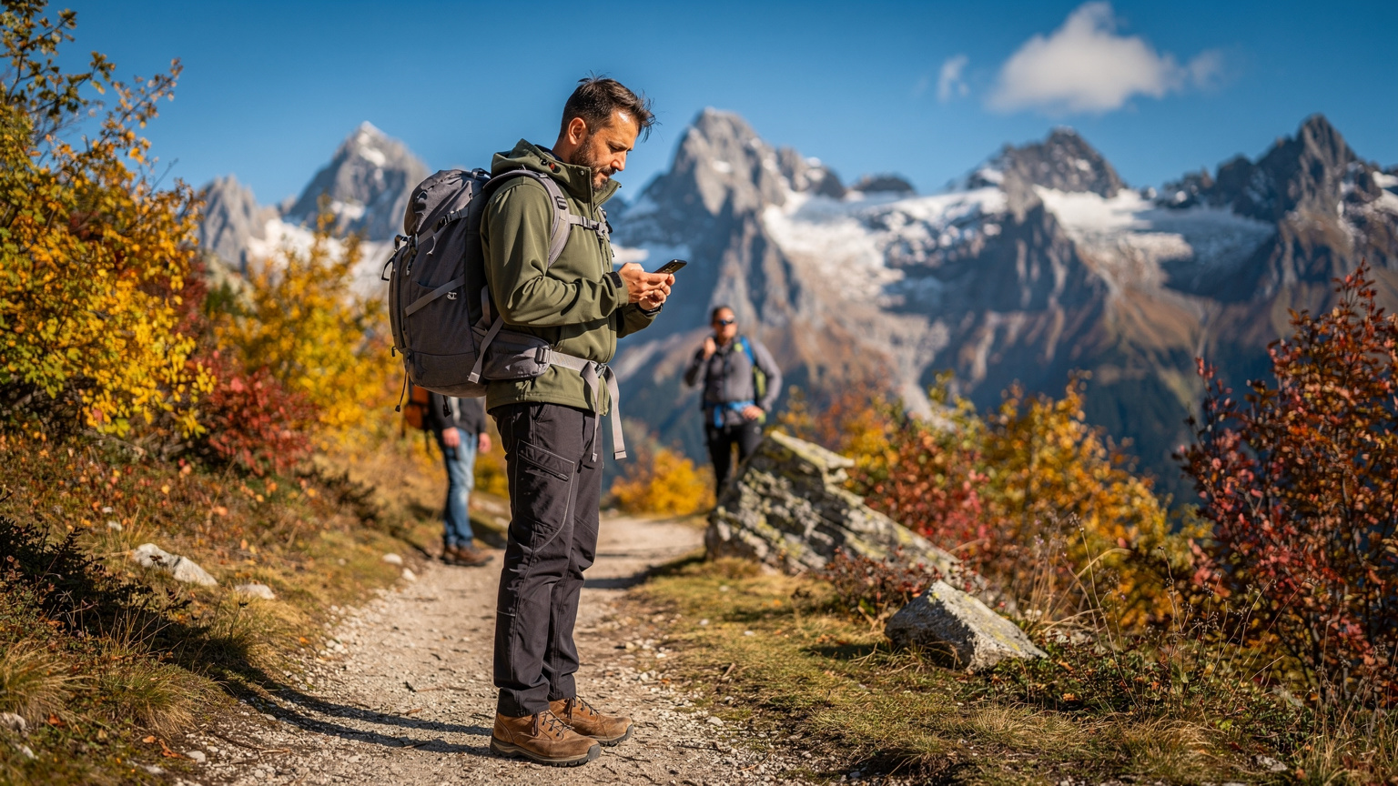 En turgåer stopper for å sjekke kartet på telefonen sin, mens vennene venter tålmodig i bakgrunnen på en sti i de østerrikske Alpene.
