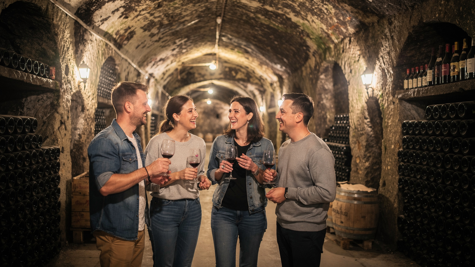 Un grup de prieteni râd și vorbesc într-o cramă subterană, cu sticle de vin așezate pe rafturi de piatră în fundal, iluminată cald.