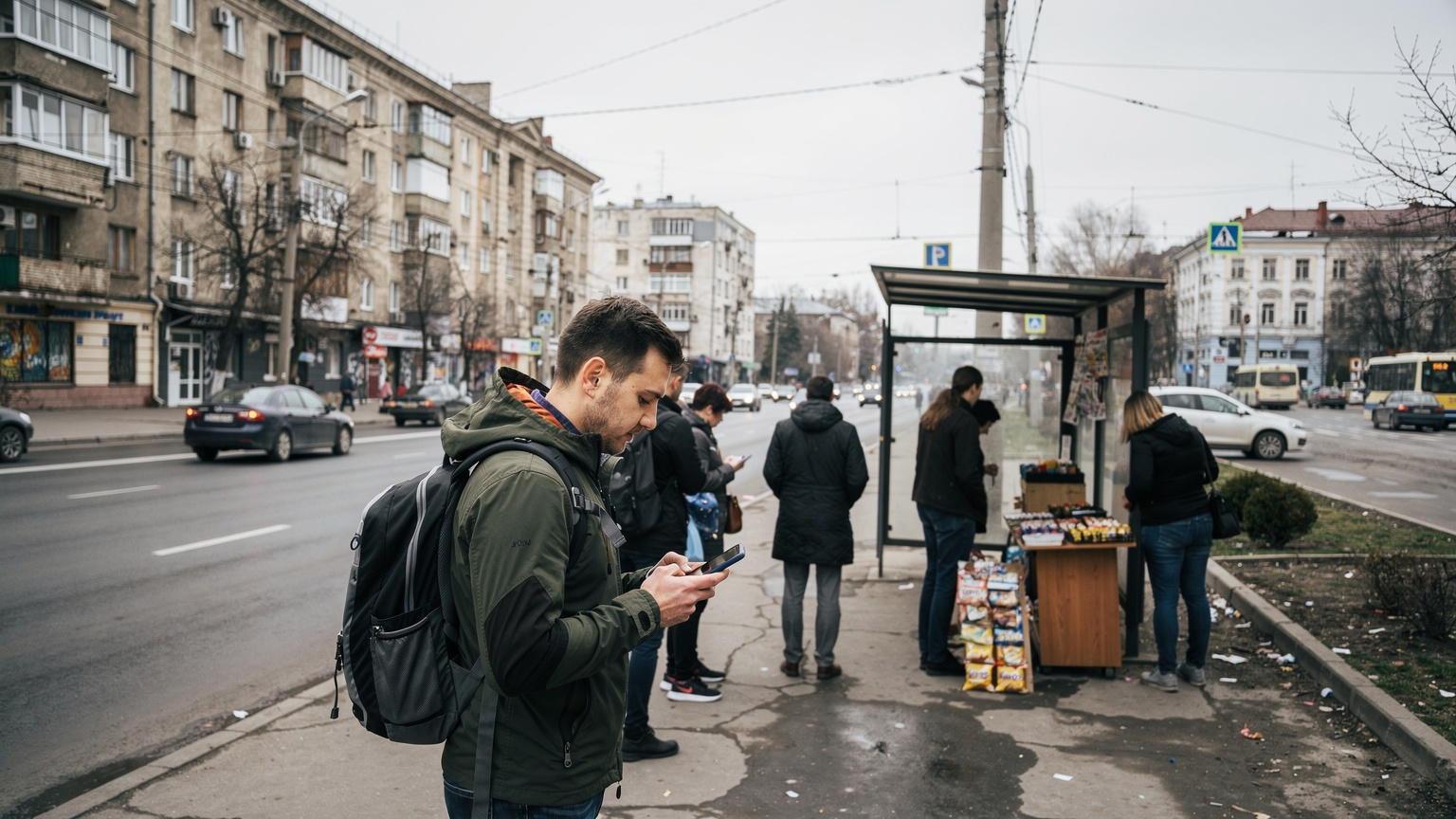 Un călător verifică harta pe telefonul său, în timp ce așteaptă un autobuz într-o stație aglomerată din centrul Chișinăului, cu clădiri vechi în fundal.