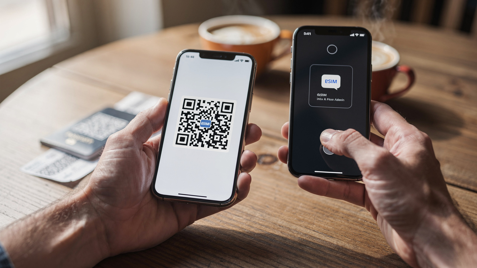 Mână apropiată a unei persoane care scanează un cod QR de pe un telefon, pentru a activa un eSIM, cu un pașaport și o carte de îmbarcare estompate pe o masă de cafenea.
