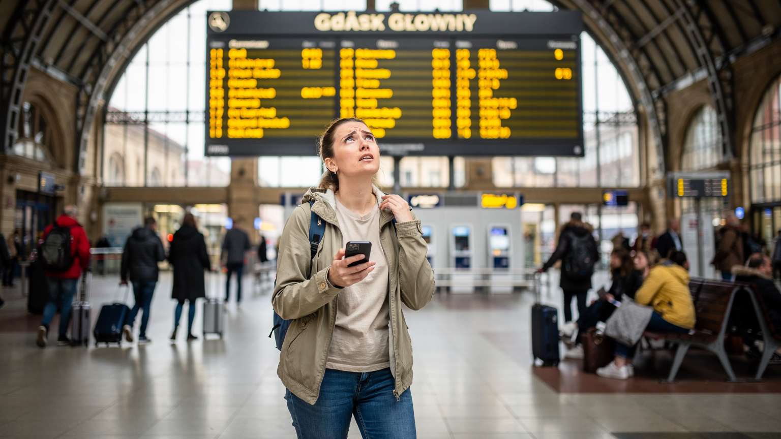 En reisende stirrer forvirret på en togplan på Gdańsk Główny stasjon, med smarttelefonen i hånden som viser en tom databar.