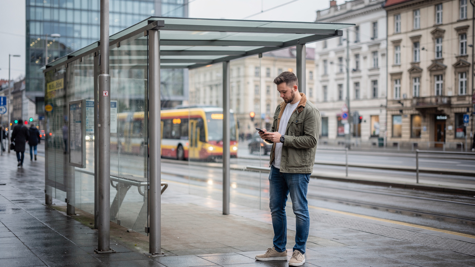 En ung mann bruker smarttelefonen sin til å sjekke kollektivtransport-appen for buss- og trikketider ved en holdeplass i Warszawa, med et moderne gatebilde i bakgrunnen.