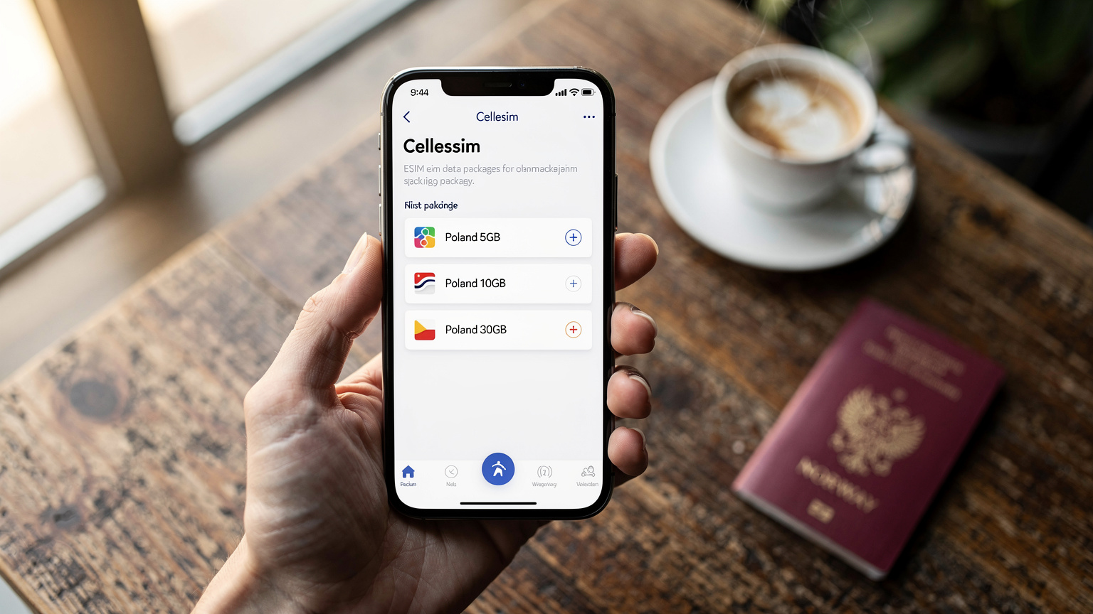 En hånd holder en smarttelefon med Cellesim-appen åpen, som viser ulike eSIM-datapakker for Polen, med en kopp kaffe og et reisepass på et kafébord i Warszawa.