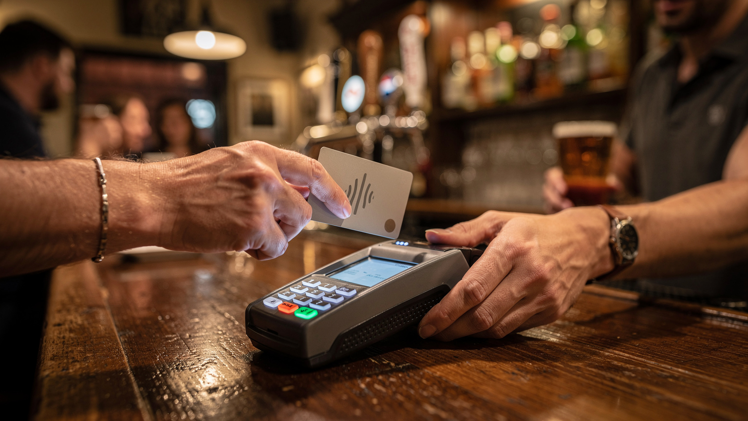 Mani de călător care țin un card de debit contactless peste un terminal de plată într-un pub aglomerat din Londra, ilustrând o tranzacție rapidă pentru o băutură.