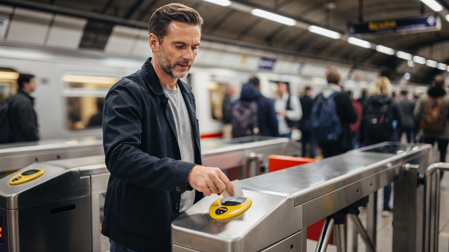 Un călător folosește un card contactless la un turnichet de la metroul londonez, în oră de vârf, cu trenuri trecând rapid în fundal.