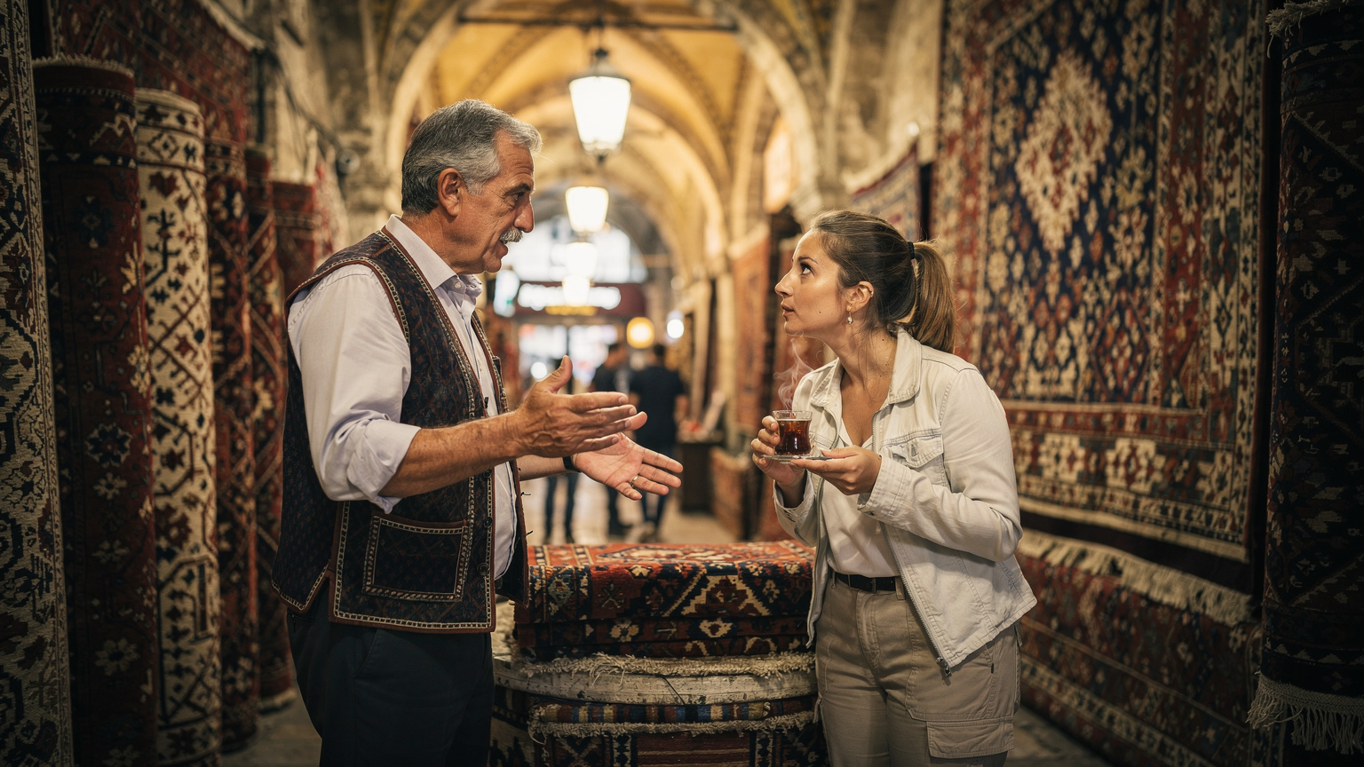 Un échange animé entre un vendeur de tapis traditionnel et un touriste au Grand Bazar d'Istanbul, avec des tapis colorés empilés en arrière-plan.