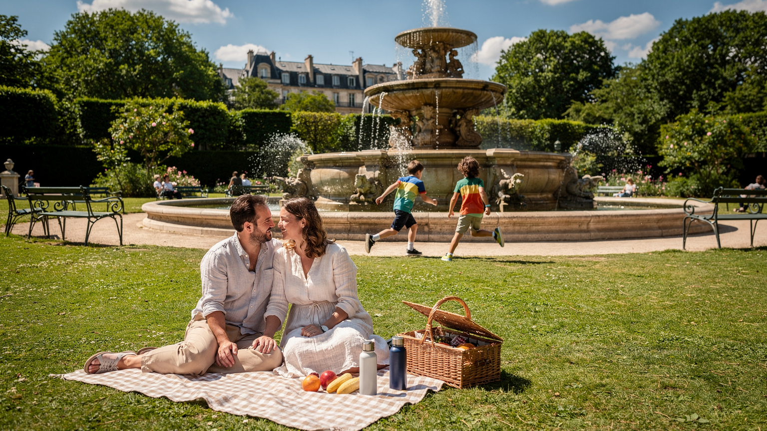 A family of four enjoying a picnic on a sunny day in a picturesque European park, with children playing near a fountain and parents relaxing on a blanket.