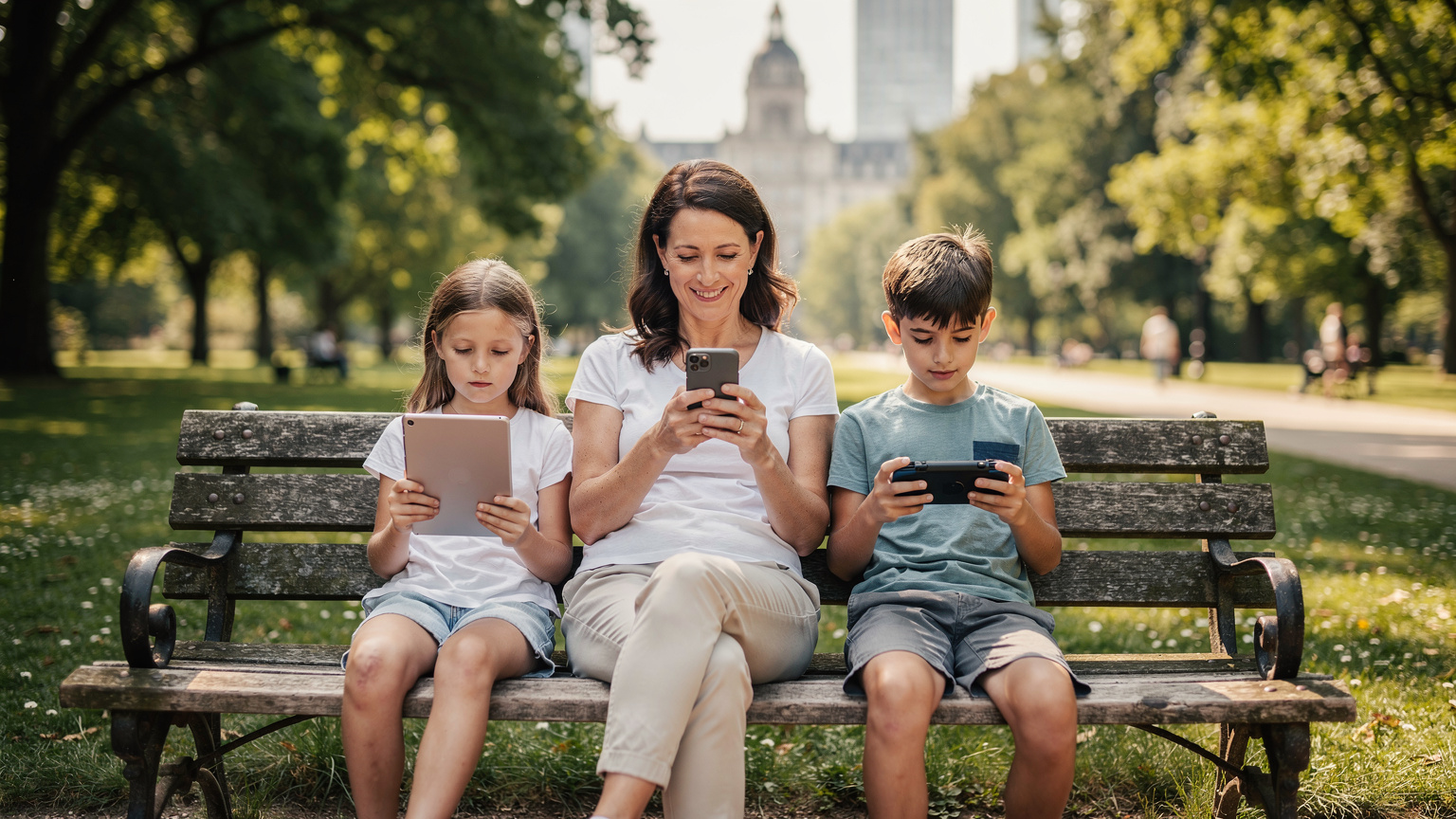A mother and two children sitting on a park bench, each on their own device (phone, tablet, handheld game console), with expressions of focus and enjoyment. Lush green trees and a distant European city skyline are in the background.