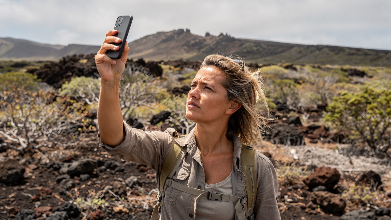 A woman traveller, looking mid-30s, is holding her smartphone in a remote, arid part of Isla Floreana in the Galápagos. Her brow is furrowed with a slight look of frustration as she tries to get a signal, standing near some low-lying endemic scrub.