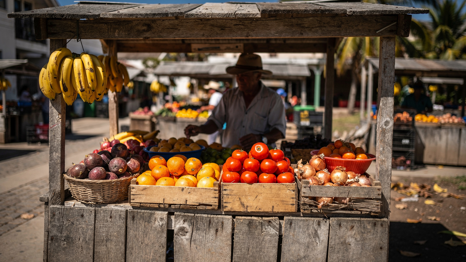 A rustic market stall on Santa Cruz island with a limited selection of fresh, locally sourced fruits and vegetables, highlighting the challenges of grocery shopping in the Galápagos.