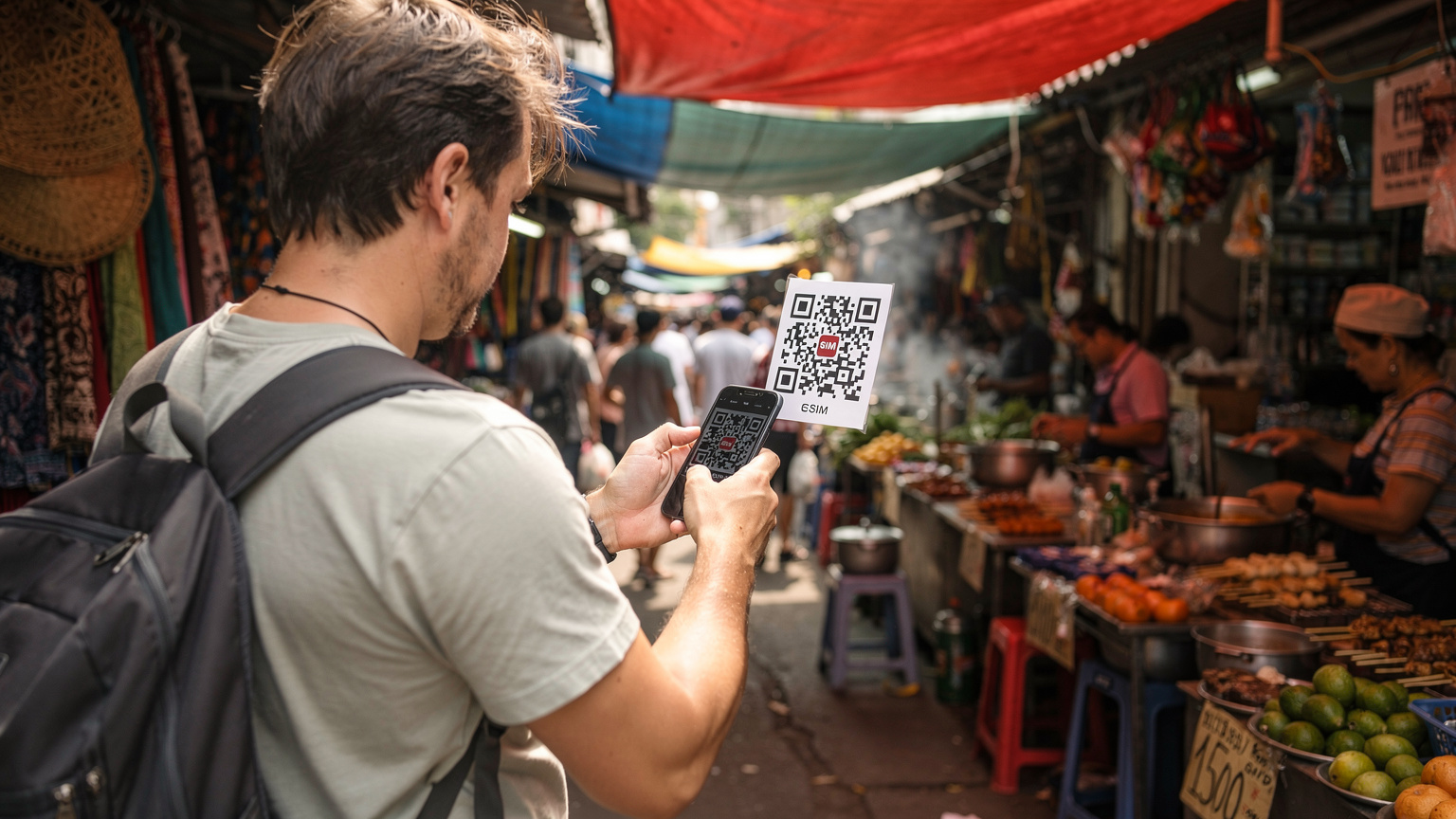活気あるアジアの市場で、旅行者がスマートフォンを使い、現地のeSIMのQRコードをスキャンしている様子。