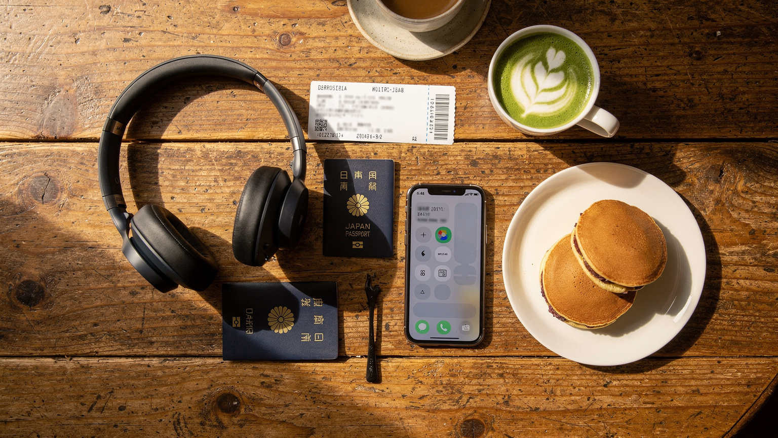 カフェのテーブルで、パスポート、搭乗券、そして開かれたiPhoneが並べられ、旅行の準備が整っている様子を上から撮影。