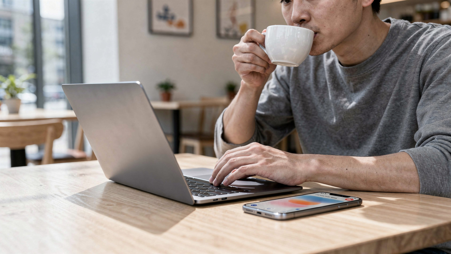現代的なカフェで、旅行者がコーヒーを飲みながら、開かれたノートパソコンとスマートフォンのeSIM設定画面を比較している様子。