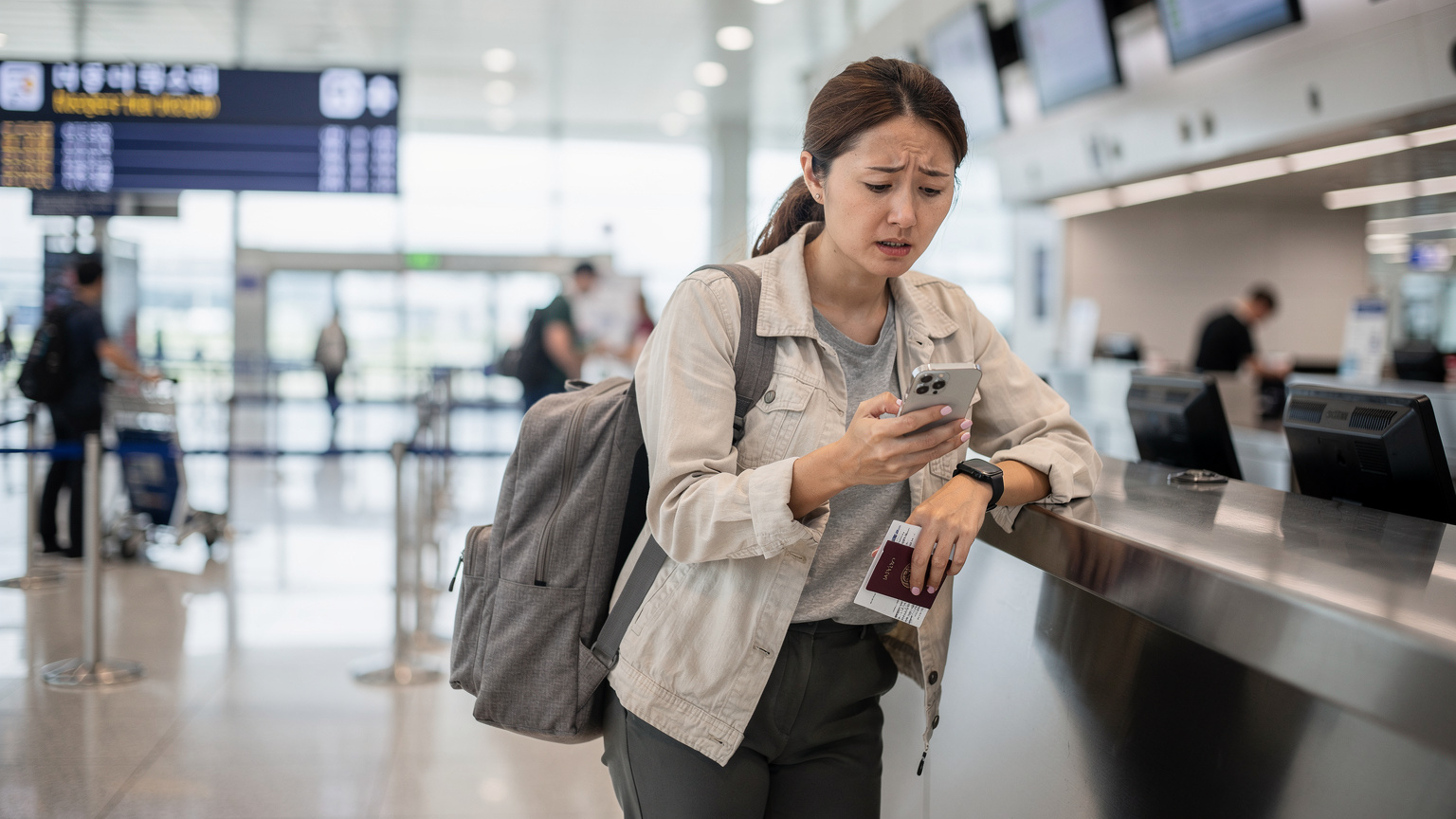 空港のチェックインカウンターで、困惑した表情の旅行者がスマートフォンを見つめ、データ接続の問題に直面している様子。