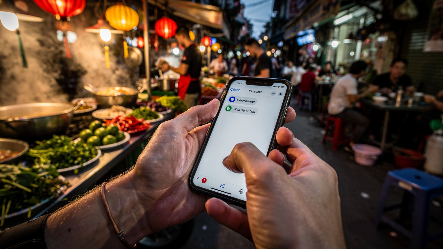 活気ある東南アジアのストリートフード屋台で、旅行者がスマートフォンでメニューを翻訳している様子。