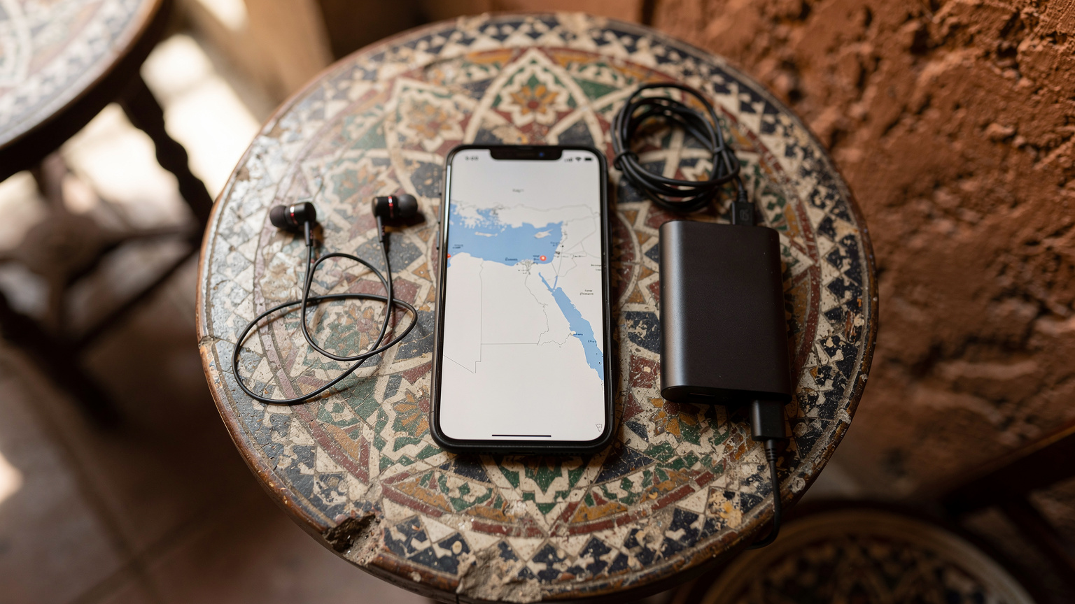 Uno smartphone su un tavolino di un caffè egiziano mostra una mappa offline dell'Egitto, accanto a una power bank e un paio di auricolari.