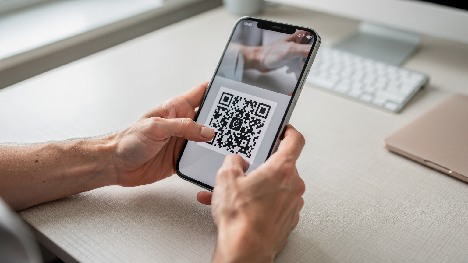 Primo piano sulle mani di un utente che scansiona un codice QR da un foglio stampato con uno smartphone, preparandosi per attivare un'eSIM.