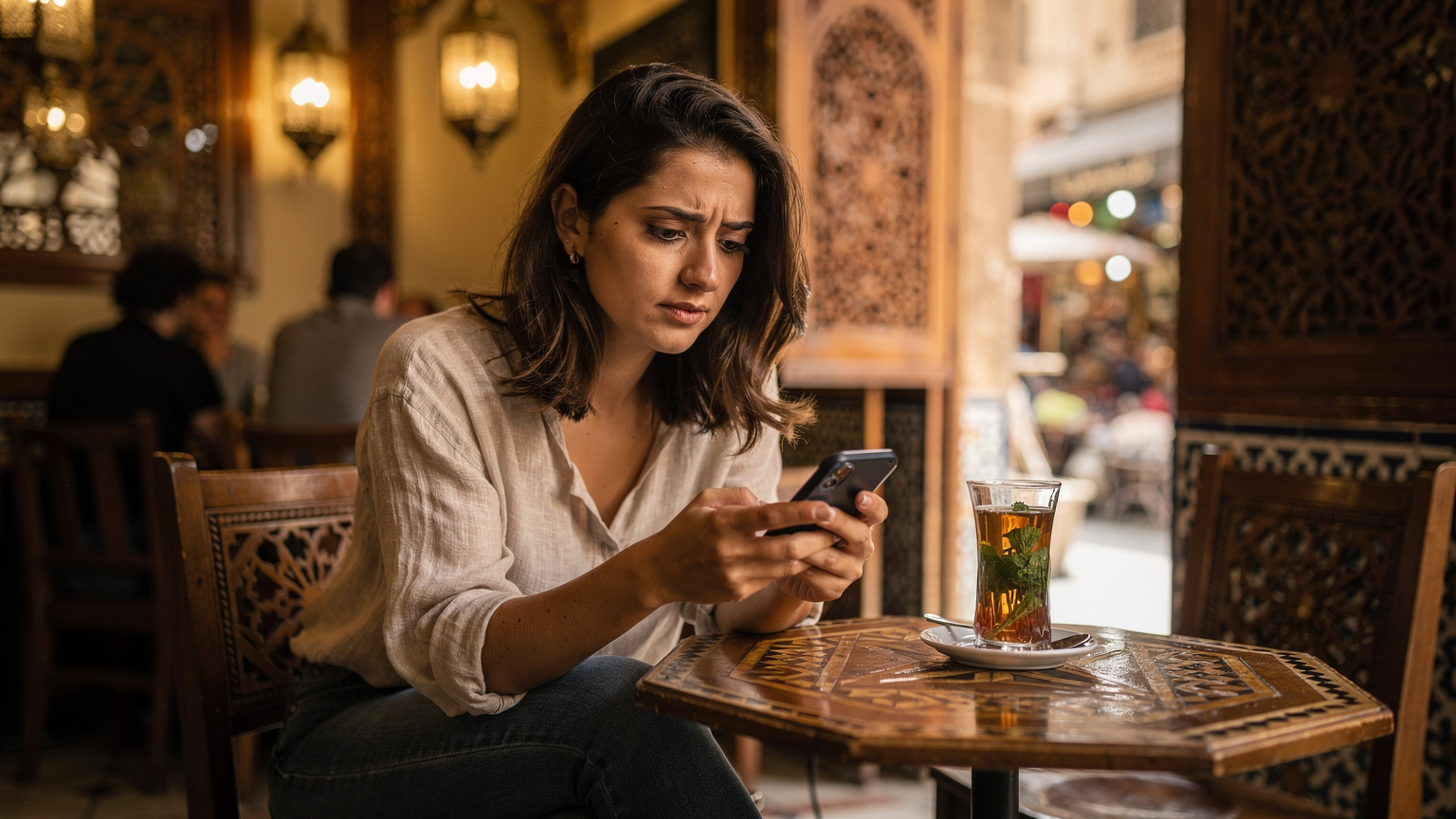 Una donna italiana seduta in un caffè tradizionale del Cairo, con una tazza di tè alla menta e lo smartphone, controlla la copertura di rete sul suo telefono con un'espressione leggermente preoccupata.