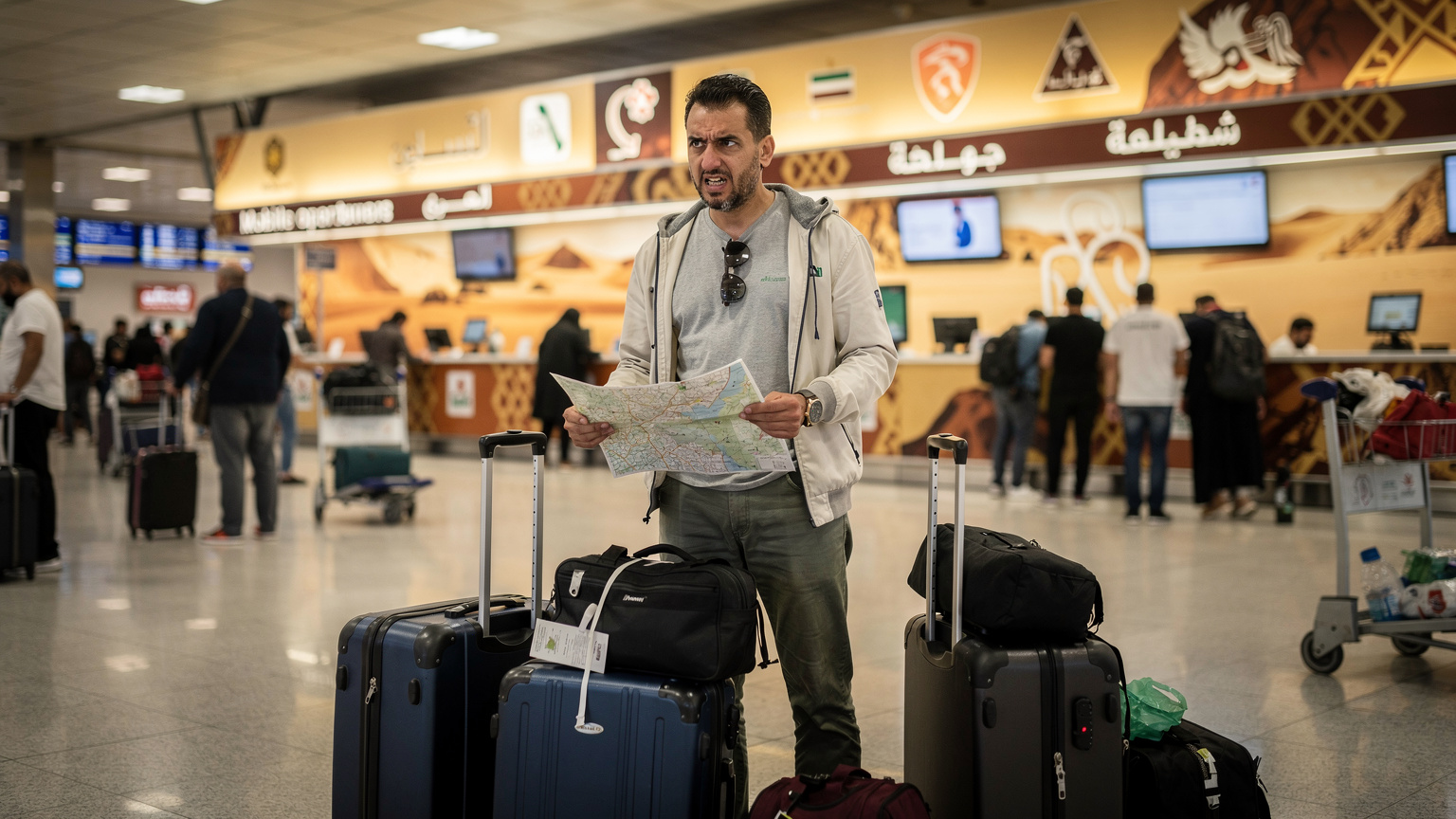 Un uomo italiano, con espressione frustrata, guarda i cartelli degli operatori telefonici all'aeroporto del Cairo, circondato dalle sue valigie.