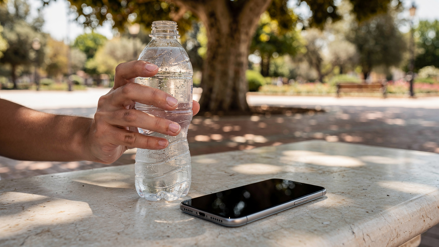 Een hand houdt een gekoelde fles water naast een smartphone, met de focus op hydratatie en het koel houden van technologie tijdens de hitte.