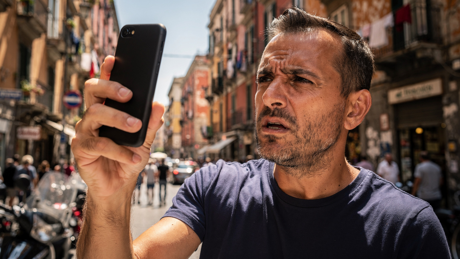 Een persoon probeert met een zorgelijke blik bereik te krijgen op hun telefoon in een drukke, hete Italiaanse stad, symboliserend een noodsituatie.
