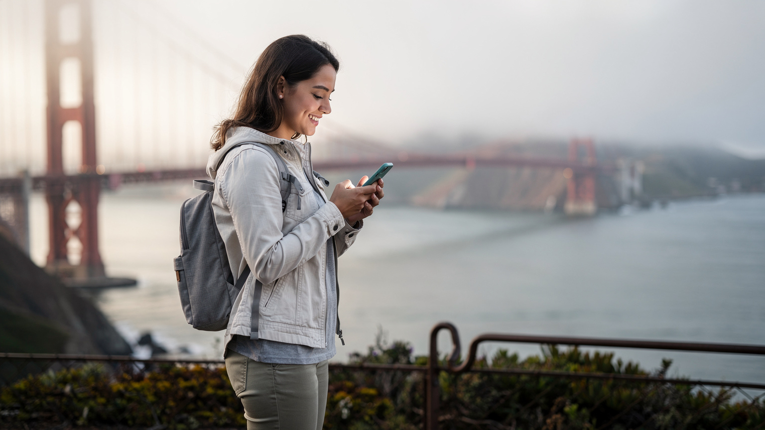 Cestovatelka s batohem a telefonem v ruce se usmívá, dívá se na Golden Gate Bridge v San Franciscu v mlhavém ranním světle, kontroluje počasí.