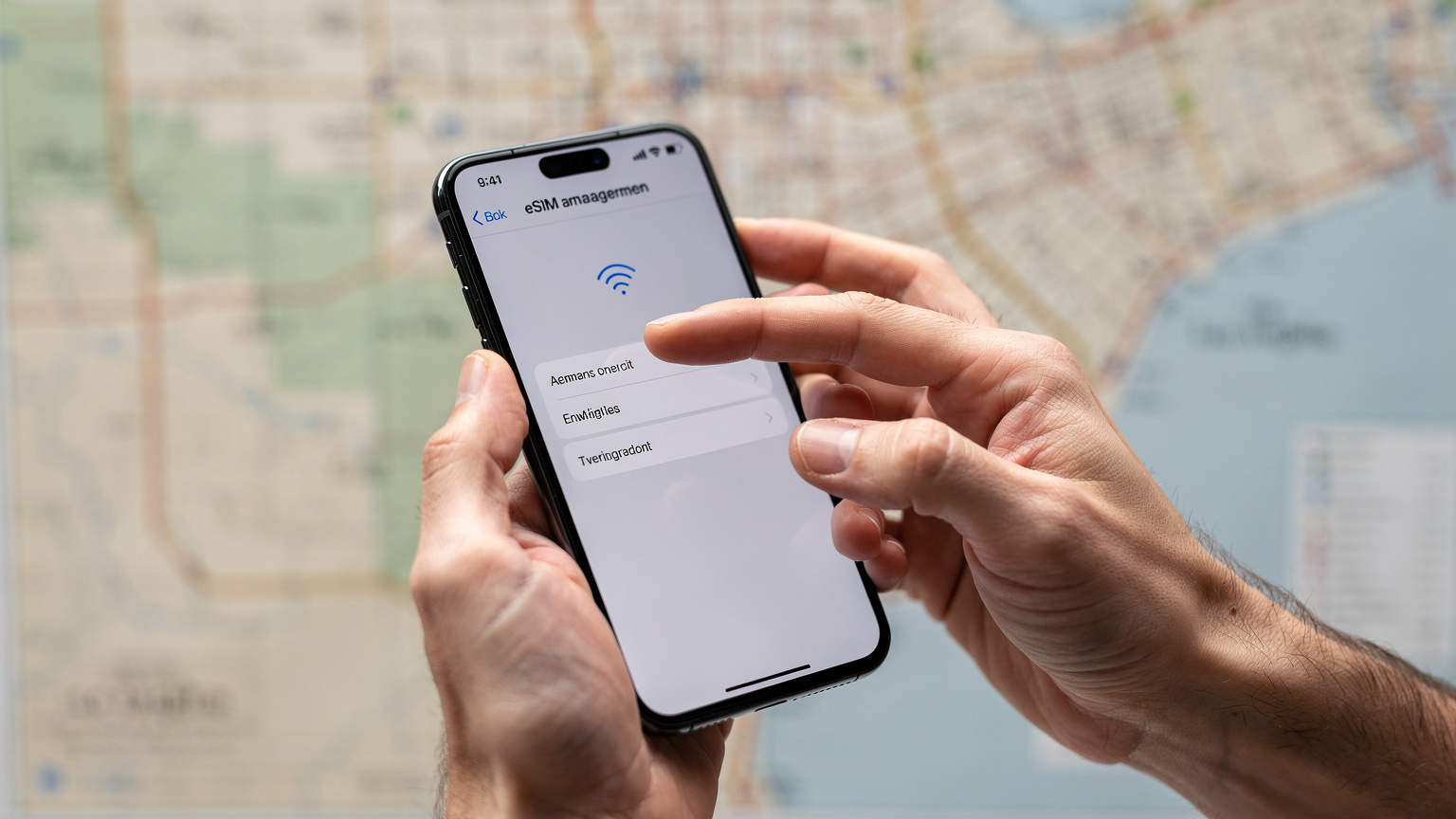 Lidské ruce drží chytrý telefon a gestem ukazují na obrazovku s aplikací pro správu eSIM, na pozadí je rozmazaná mapa Los Angeles.