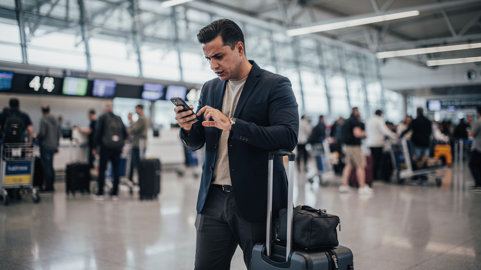 A person at a bustling airport check-in counter looks at their phone with a concerned expression, indicating a connectivity issue before a flight.