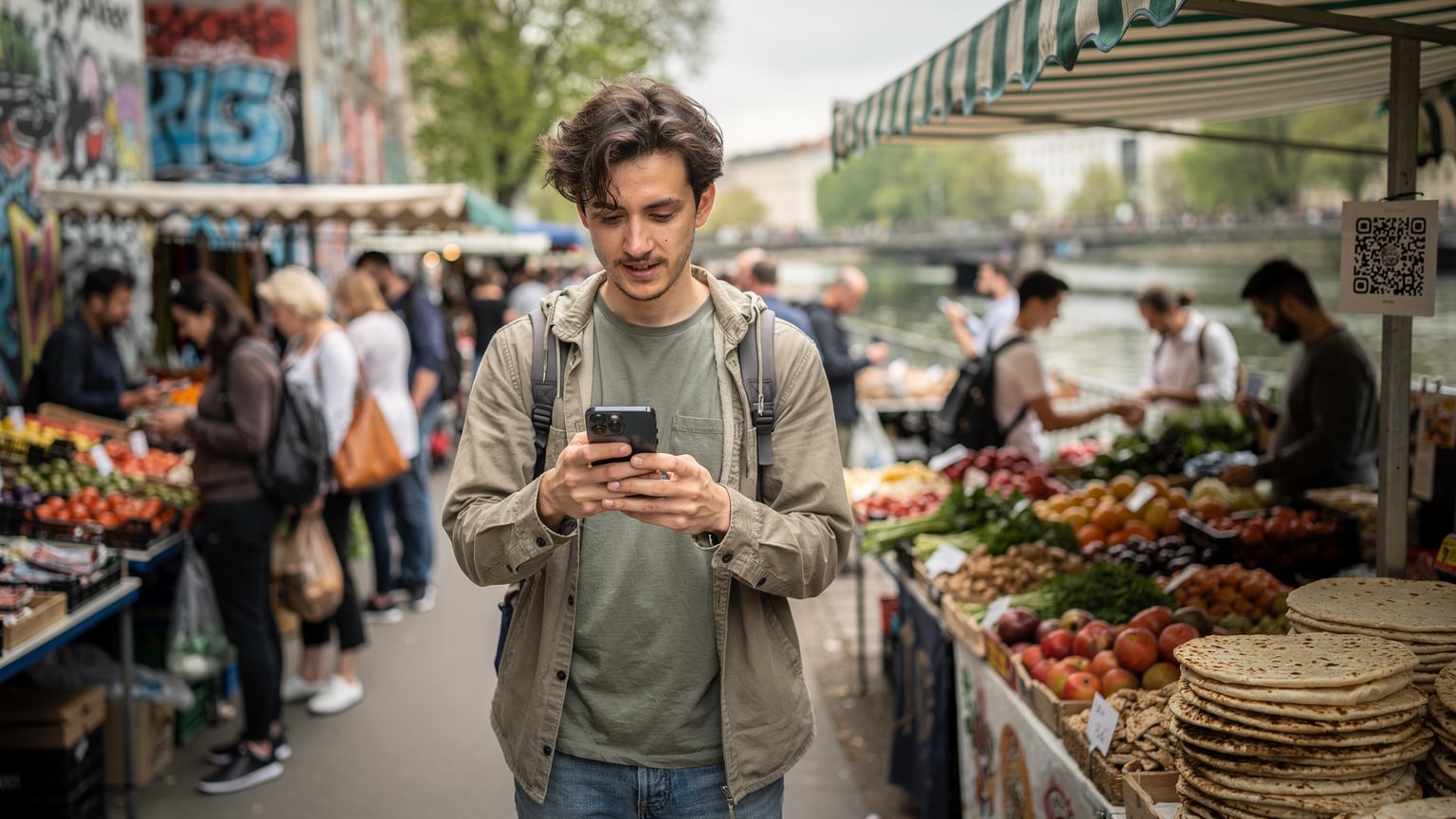 A traveler in a lively Berlin street market scans a QR code on their phone to activate their eSIM, seamlessly blending into the local scene.