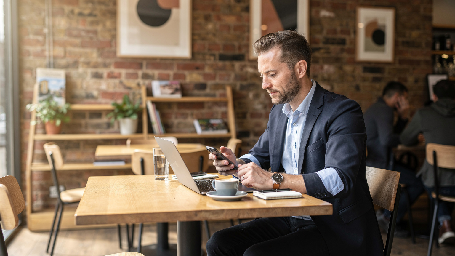 Un uomo d'affari con un laptop aperto e uno smartphone in mano, seduto a un tavolo di legno in un caffè moderno ma accogliente di Shoreditch, Londra, con libri e piante sullo sfondo.