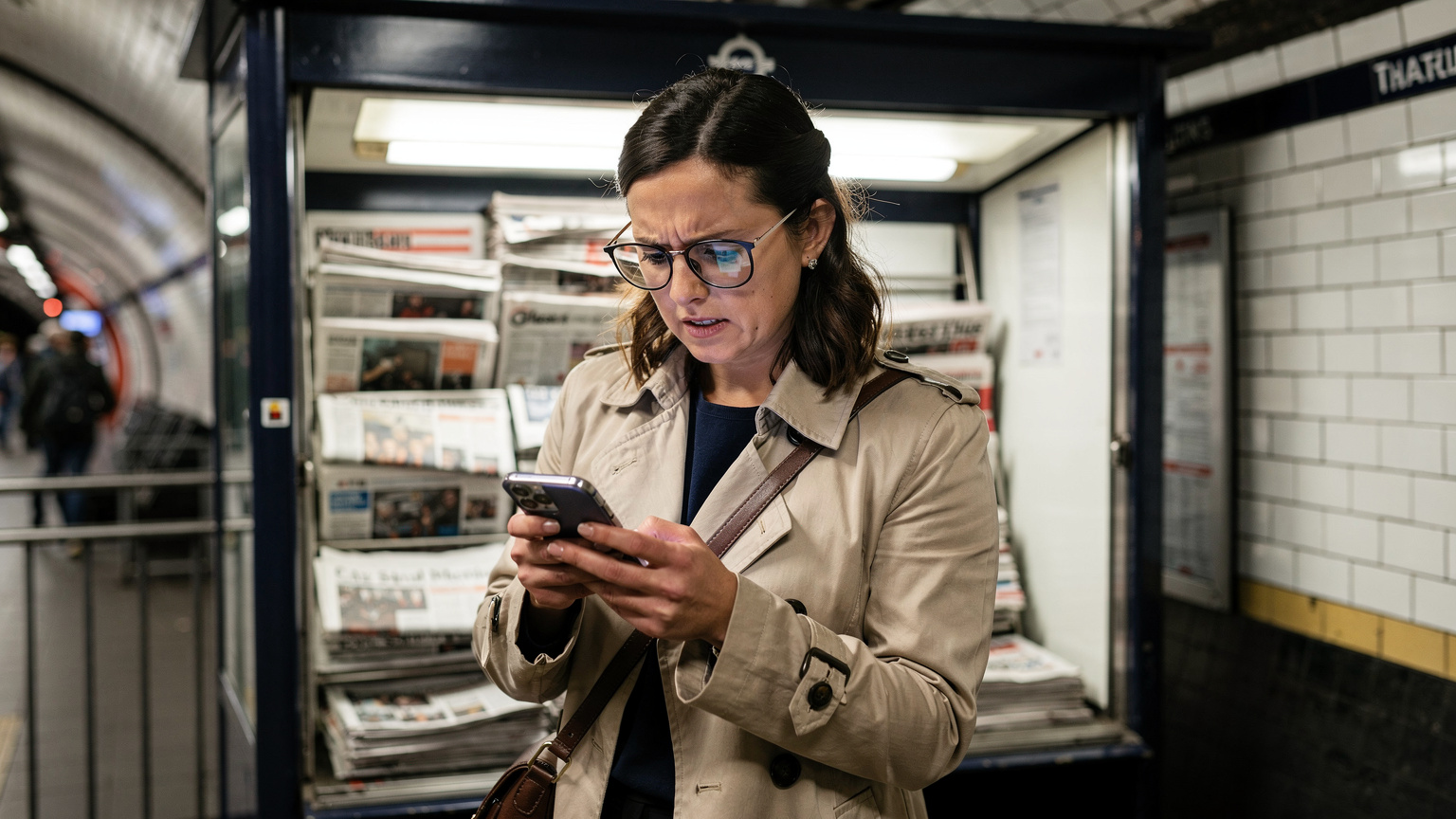 Una donna con occhiali legge lo schermo del suo smartphone di fronte a un chiosco di giornali tradizionale in una stazione della metropolitana di Londra, visibilmente in difficoltà con la connessione.