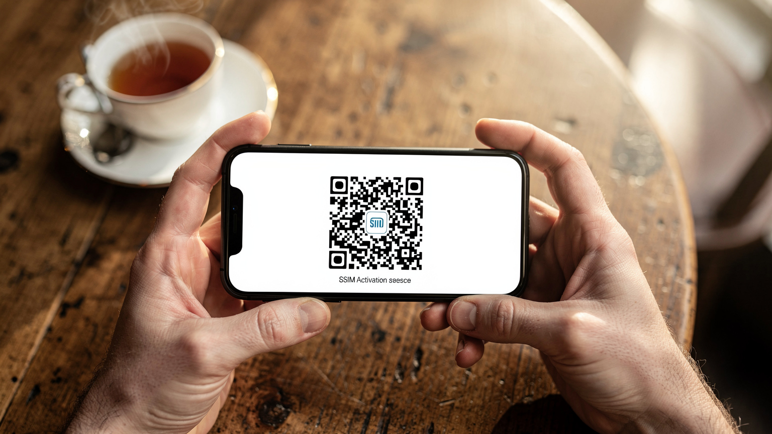 Mani che tengono uno smartphone con un QR code di attivazione eSIM sullo schermo, con uno sfondo sfocato di un tavolino da caffè e una tazza di tè inglese.