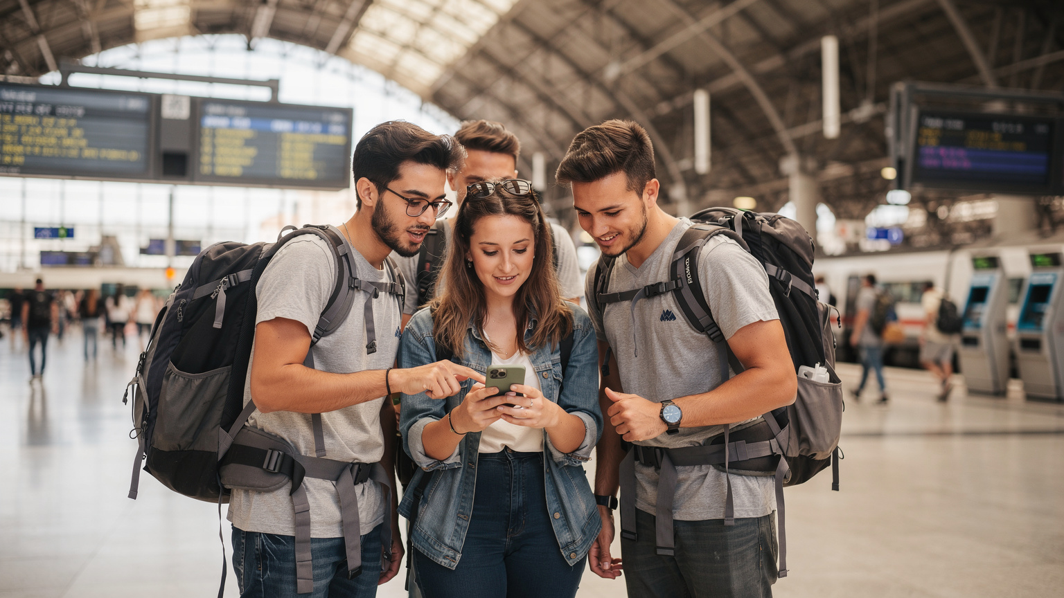 Un gruppo di giovani viaggiatori si sta radunando intorno a uno smartphone, probabilmente per condividere un hotspot eSIM o per consultare una mappa, in una stazione ferroviaria affollata di Roma.