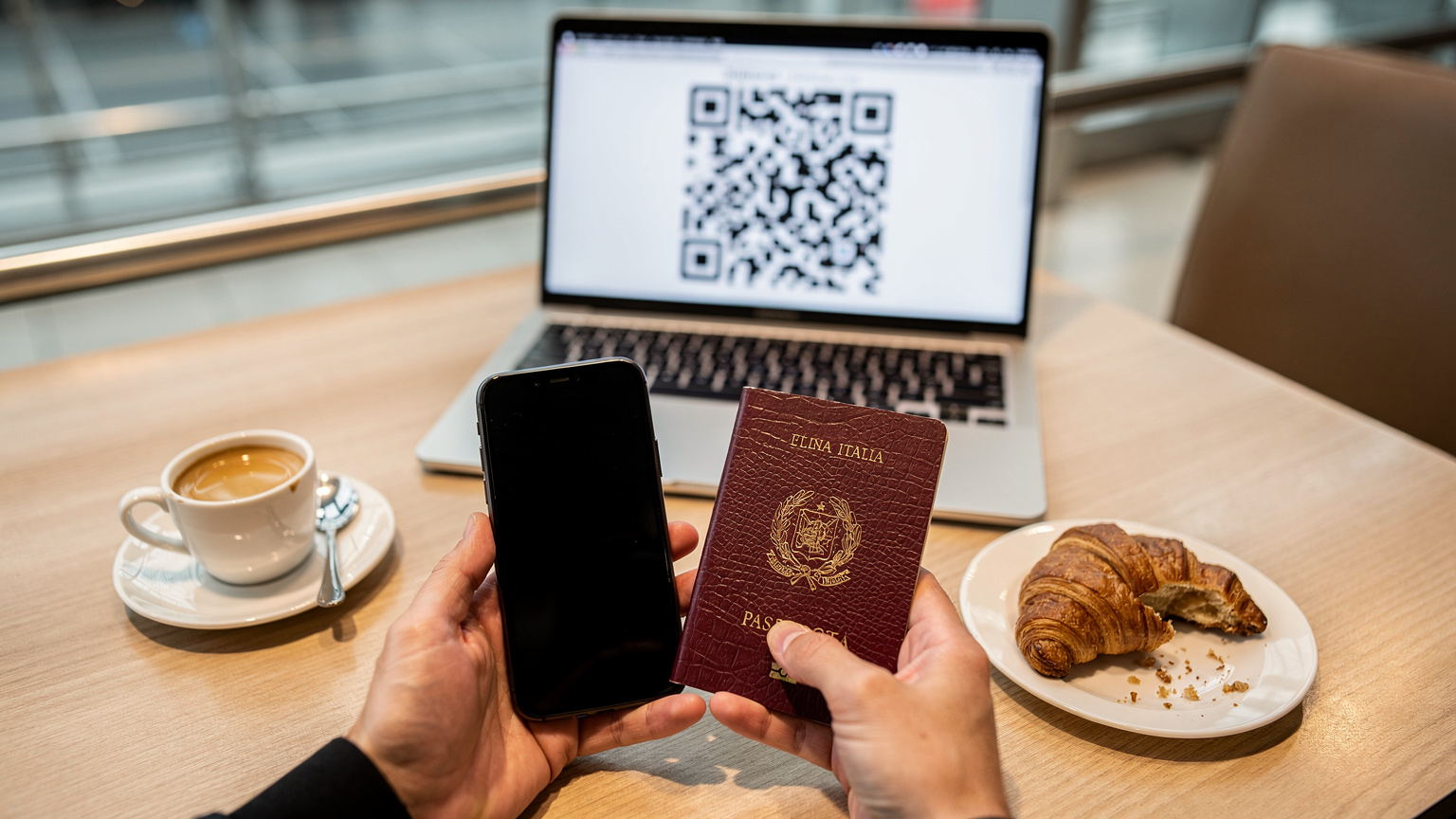 Un primo piano delle mani di una persona che tiene uno smartphone e un passaporto, con un QR code di attivazione eSIM visibile sullo schermo di un laptop in sottofondo, in una hall d'hotel o in un caffè aeroportuale.