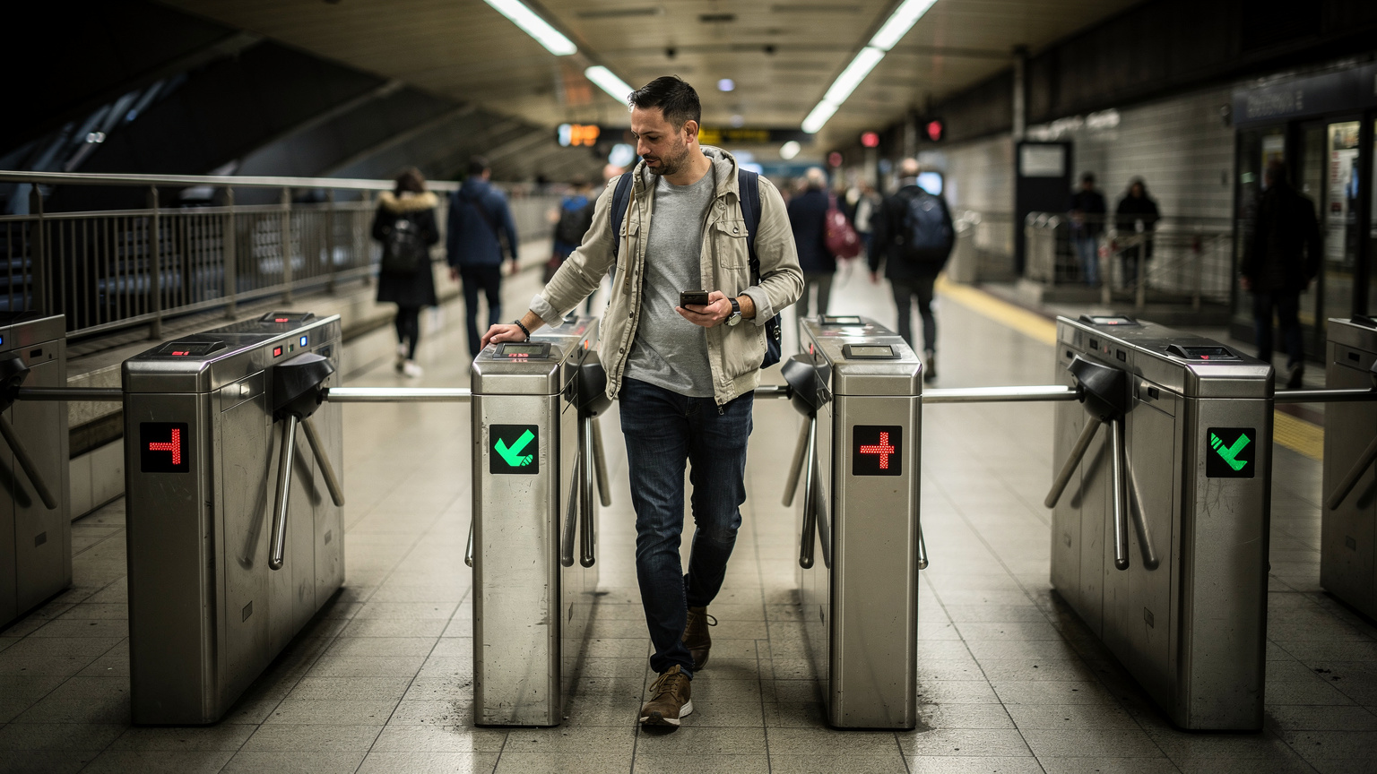 Un viaggiatore sta attraversando un tornello moderno in una stazione della metropolitana affollata, con il suo smartphone in mano, che simboleggia la facilità di movimento e connettività in un ambiente urbano.
