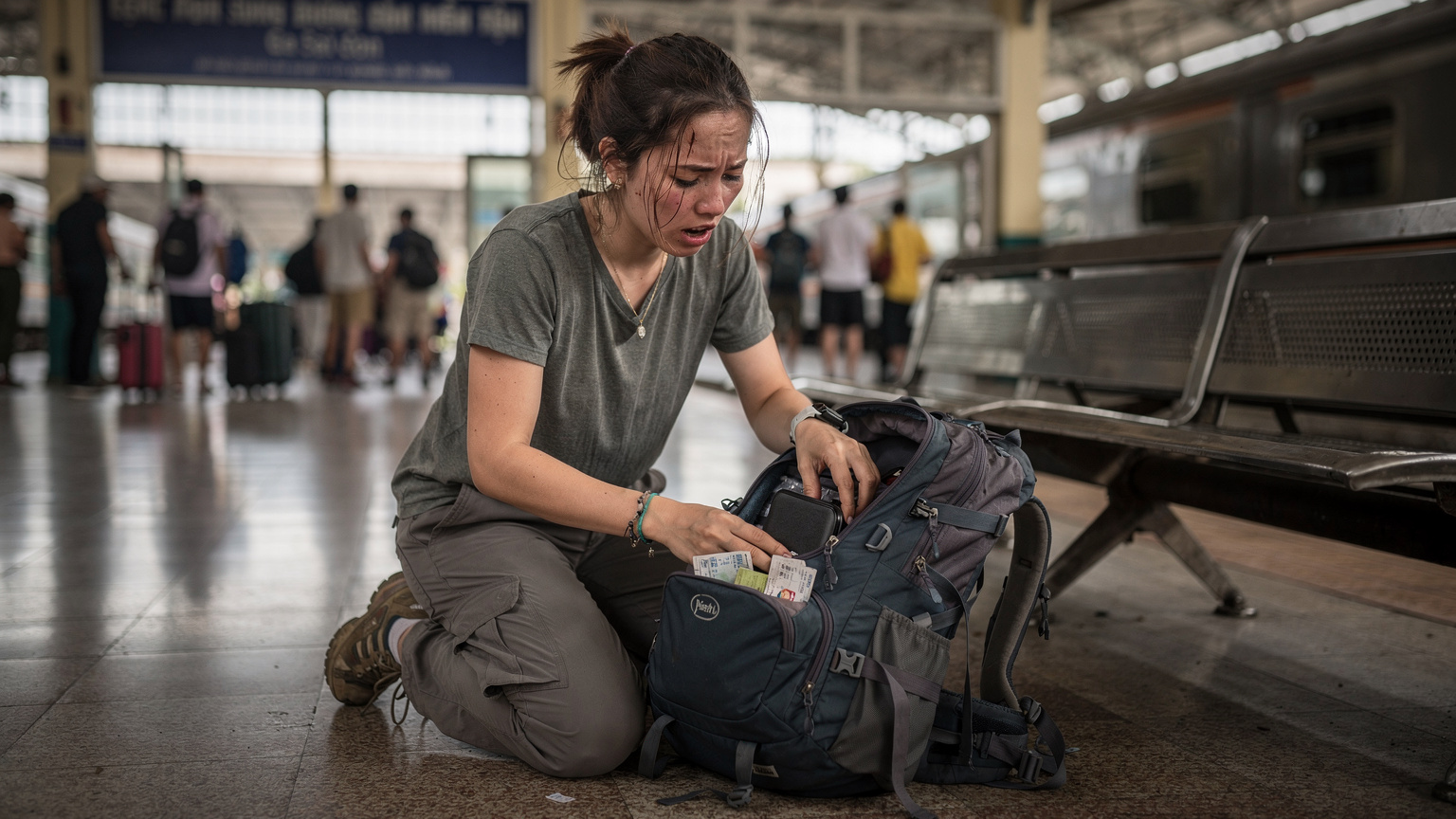 Một nữ du khách ba lô đang lục lọi trong túi xách của mình với vẻ mặt lo lắng tại ga tàu hỏa Sài Gòn đông đúc, gợi lên hình ảnh cô ấy có thể đã làm mất thứ gì đó quan trọng.
