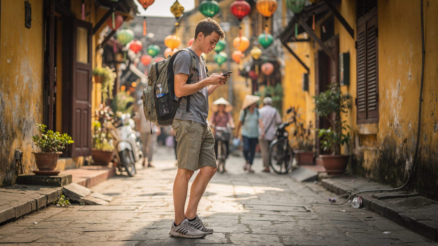 Một du khách ba lô đang sử dụng điện thoại để tra cứu bản đồ trên Google Maps tại một con hẻm nhỏ, nhộn nhịp ở khu phố cổ Hội An, ban ngày nắng nhẹ.