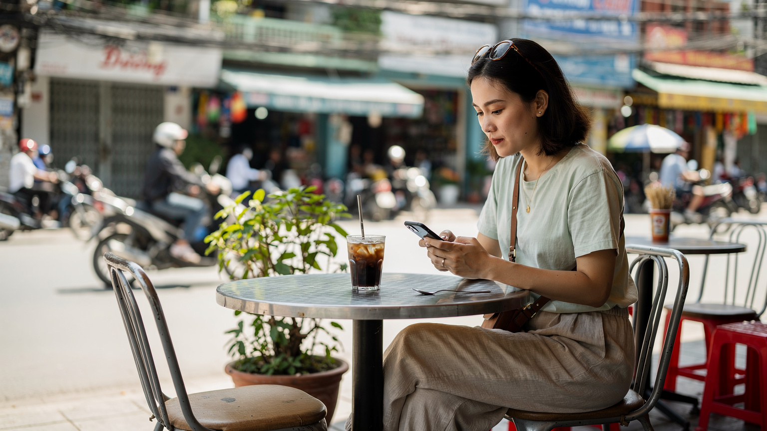 Một người phụ nữ đang xem các tùy chọn gói eSIM trên ứng dụng Cellesim trên điện thoại của mình, ngồi tại một quán cà phê ven đường ở Đà Nẵng.
